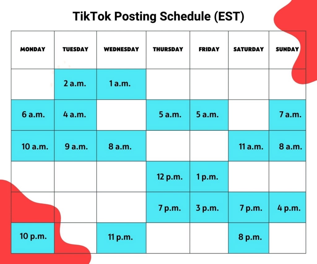 A TikTok posting schedule that visualizes the best times to post on the app each day. 