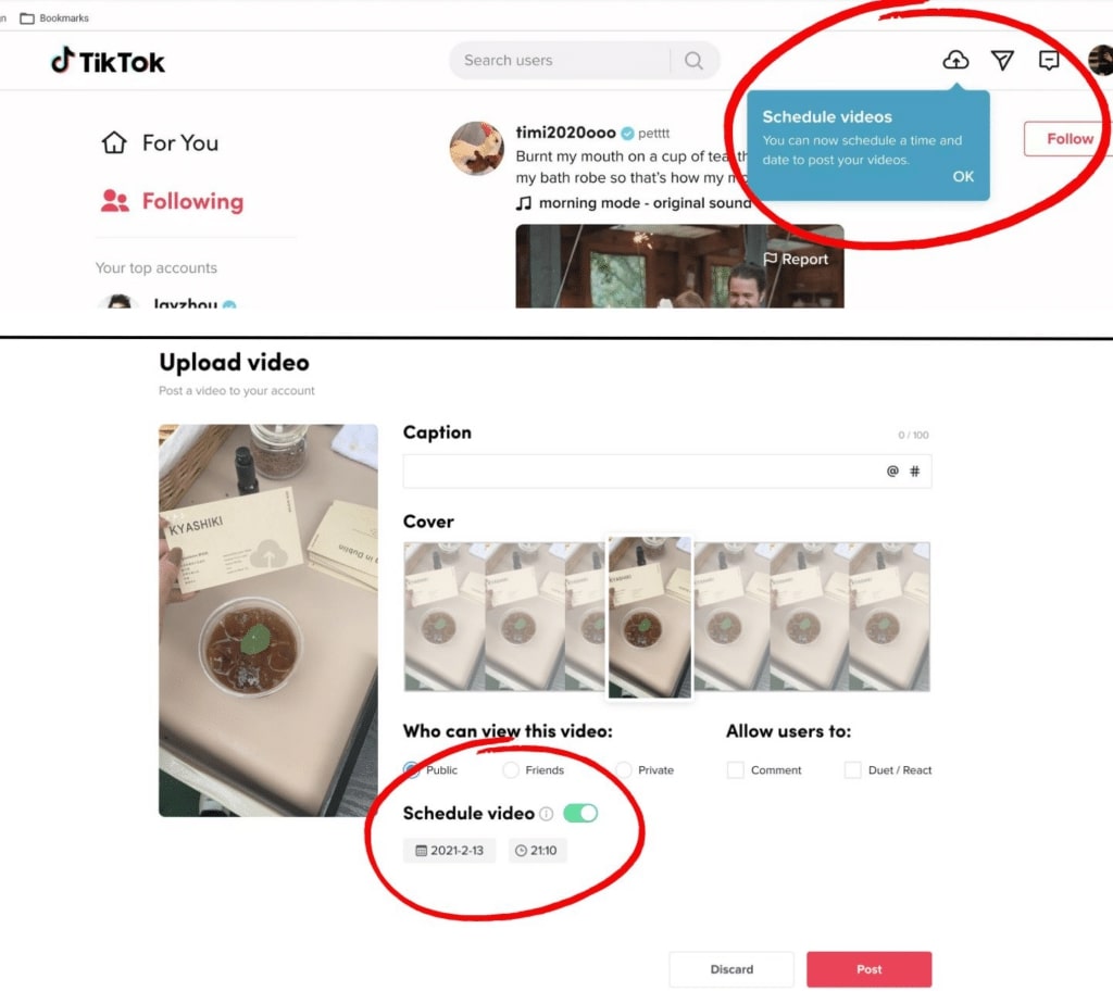 Two screenshots to show where the relevant buttons are on the TikTok Video Scheduler. The top one shows the cloud icon at the top right of the screen, and the second shows where the schedule option sits.