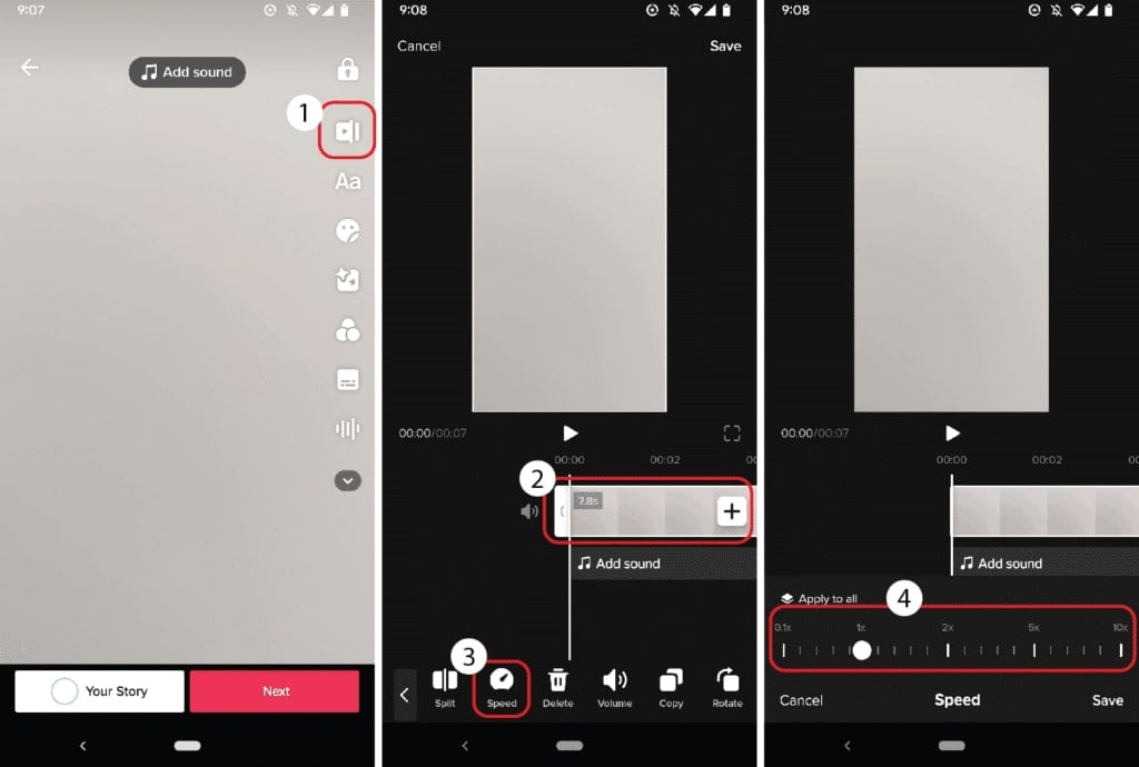 Three screenshots of the TikTok app appear side by side, demonstrating where to press the Clip editor button, where to split a clip into smaller clips, where to press the Speed button and how to select a new speed.