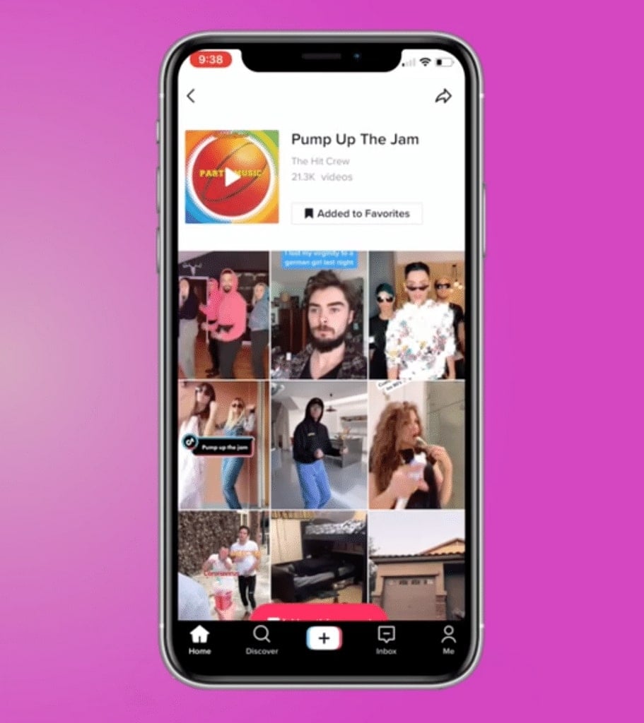 A phone on a purple background is open to the TikTok app. The TikTok Sound page is visible on the screen with the name of the sound, its cover photo and nine videos that users have made using this sound. The “Added to Favorites” button has been clicked.