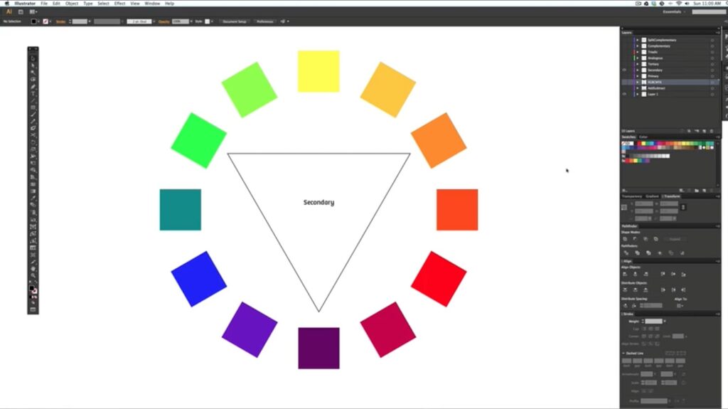 A color wheel made up of yellow, orange, red, purple, blue and green squares is on a blank Adobe Illustrator project screen. An upside-down triangle with the word “secondary” in the middle points to the green, orange and purple colored squares.