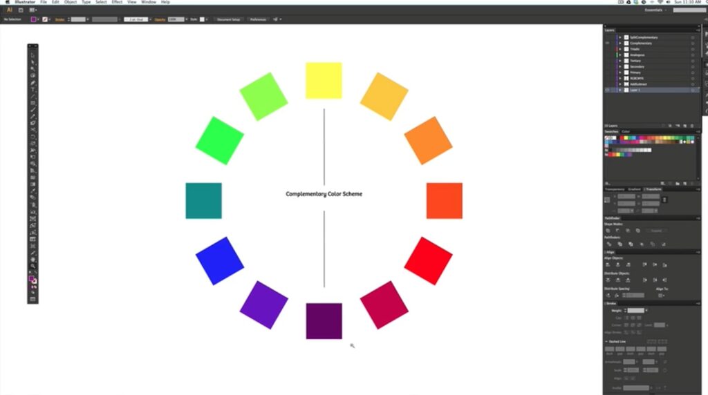 A color wheel made up of yellow, orange, red, purple, blue and green squares is on a blank Adobe Illustrator project screen. The words “complementary color scheme” sits between two lines pointing to the yellow and purple squares.