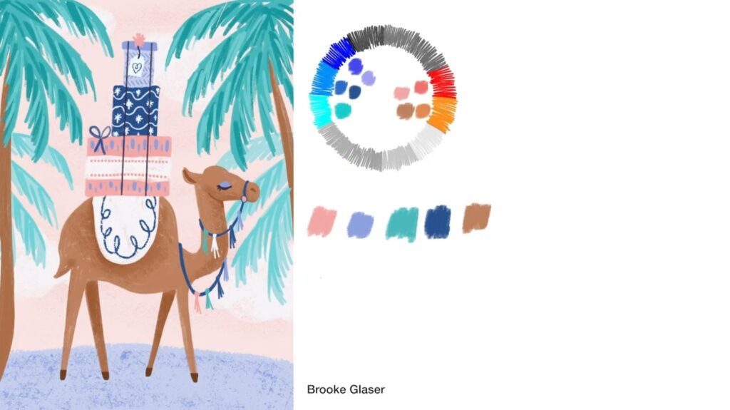 An illustration of a camel with a stack of multi-colored presents on its back walks through a pastel-colored, palm tree-filled desert.