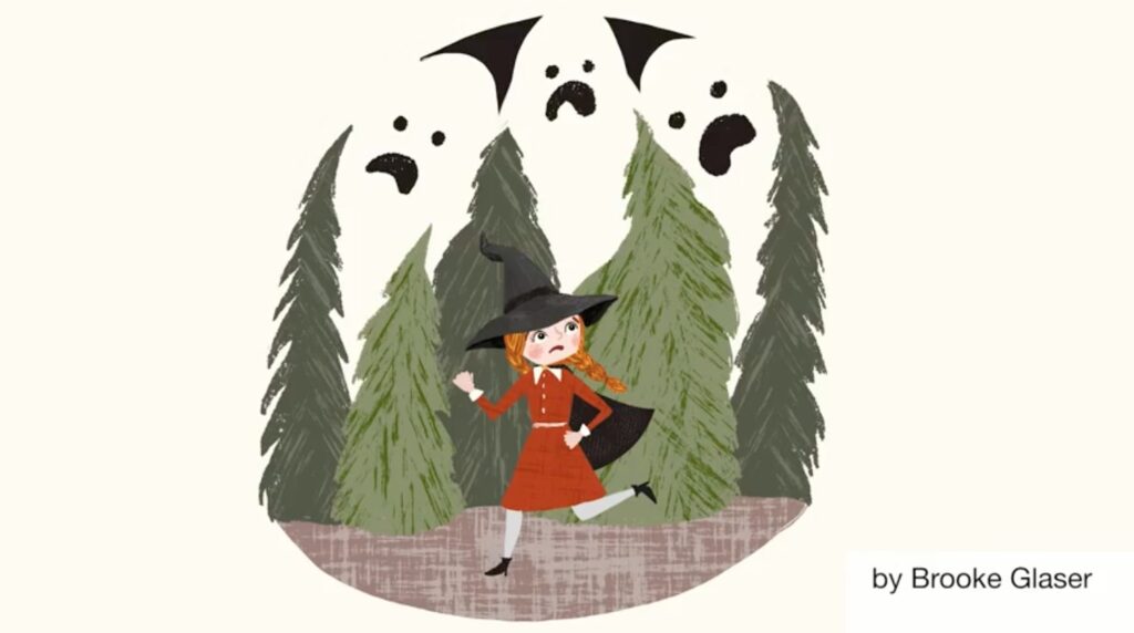 An illustration of a red headed girl wearing a red dress, black witch’s hat and a black cape is visible on a cream colored background. The girl runs through a forest filled with green trees and big, white ghosts behind her.