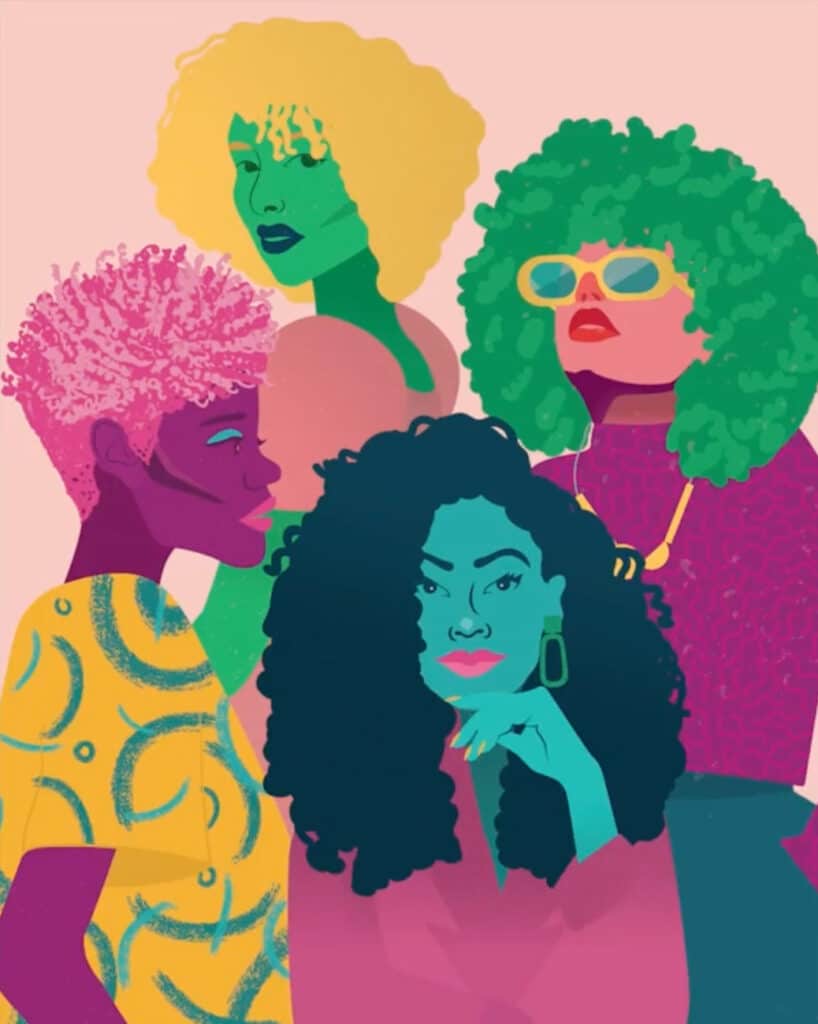 A colorful drawing of four women that reminds of warhol design