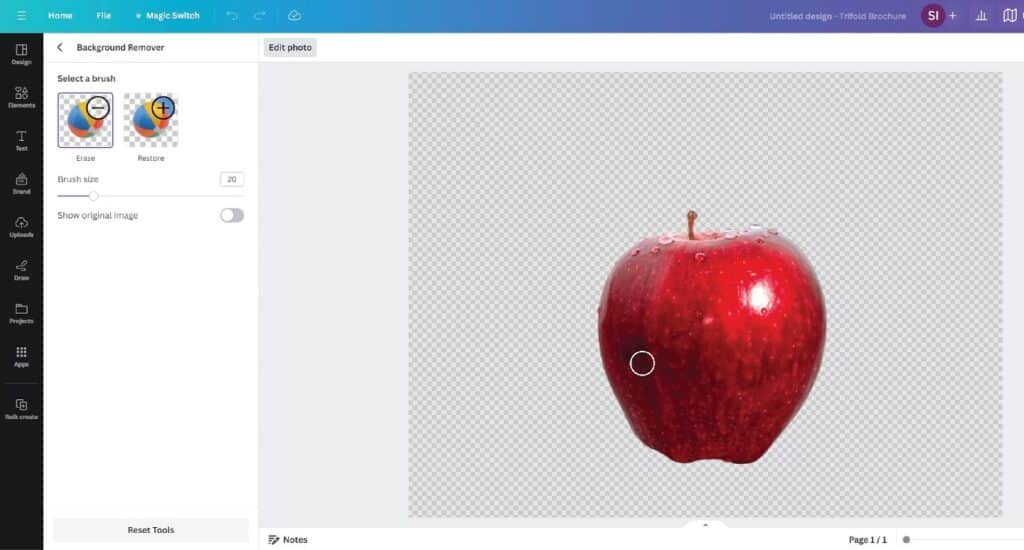 The Canva workspace has the same photo of the apple, but with the background removed. To the left of the workspace is the manual adjustment menu.