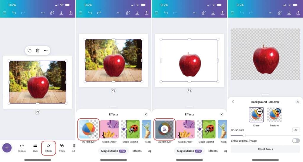 4 screenshots from the Canva mobile app are displayed side by side, depicting the steps to removing a background and using the same photo of the apple as an example.