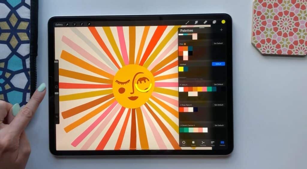 The color picker is opened on an illustration of a sun and has matched the yellow with its face. 