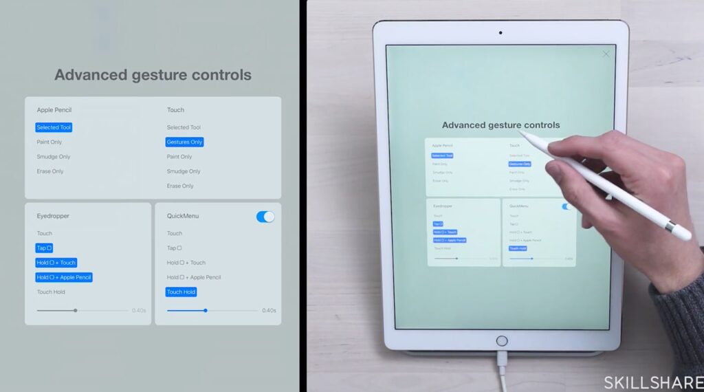 Advanced gesture controls for Procreate that show the Apple Pencil controls the selected tool; touch is only used for gestures. 