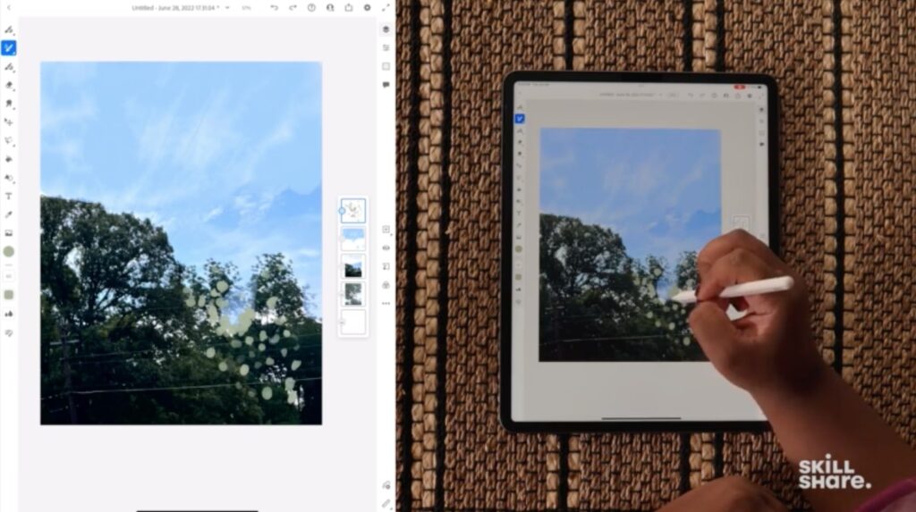This image is split down the middle into two parts. The left-hand part contains a picture of trees within Adobe Fresco with digital paint strokes added on top. The right-hand part shows an iPad opened up to the same Adobe Fresco screen on a table with a hand holding an Apple Pencil to the screen.