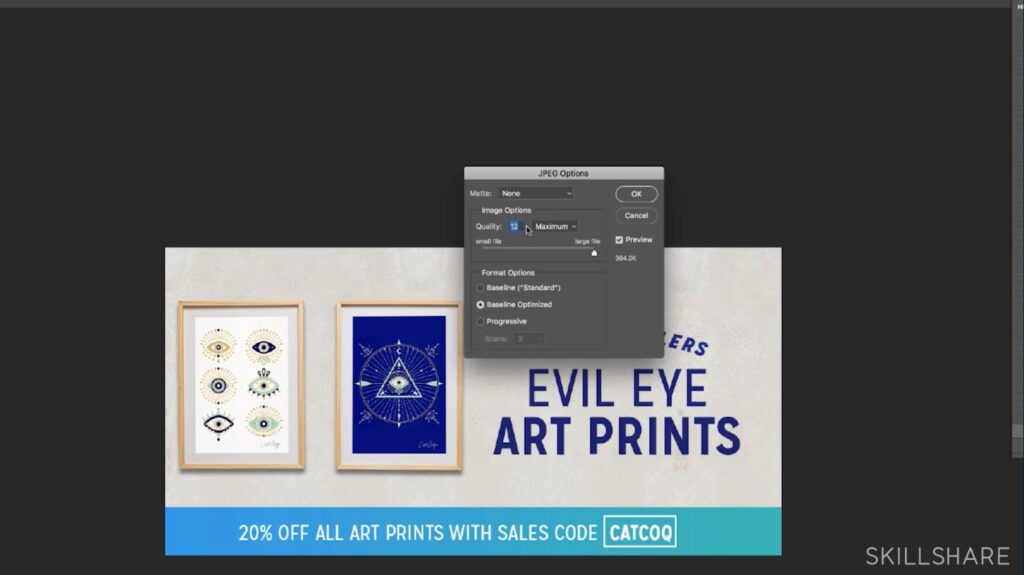 Adobe Photoshop 2018 is open to a rectangular project with “Evil Eye Art Prints” written on it. To the left of the text are two wooden framed art prints with geometric evil eye art prints within them. A pop-up titled “JPEG Options” shows the option to adjust the matte, image quality and format. 