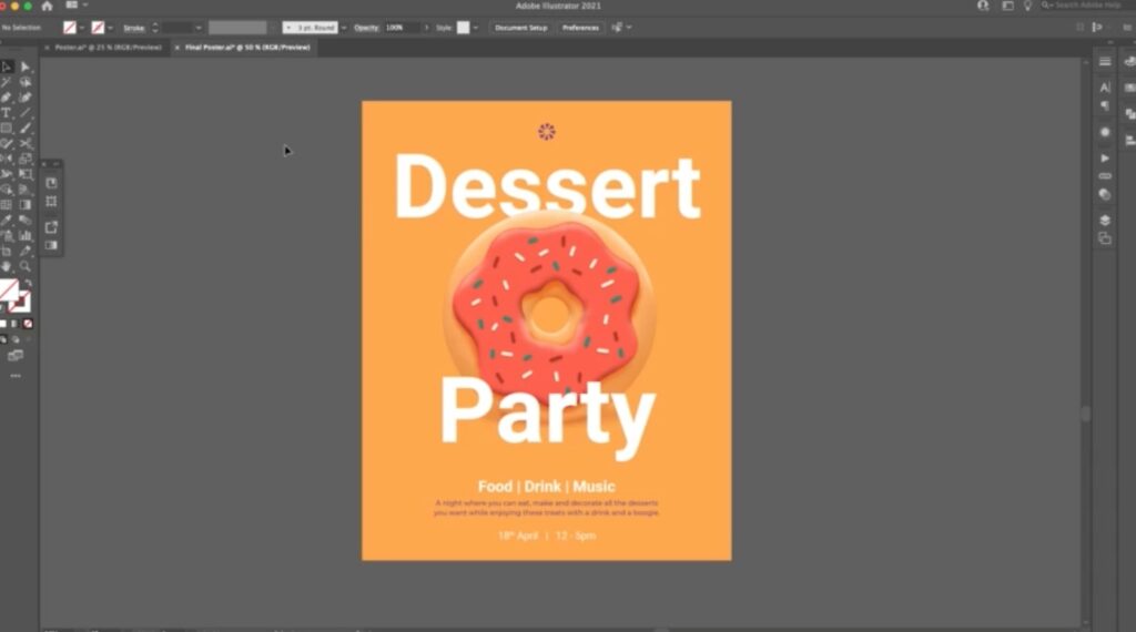 A poster that reads “Dessert Party” is open in Adobe Illustrator. A big icing- and sprinkled-covered donut sits in the middle of the page and small text providing more details about the event is visible at the bottom of the page. 