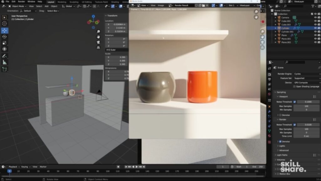 This is a screen capture from Blender. Inside you can see the workspace as well as a finished render of two pots on a shelf in a well-lit room.