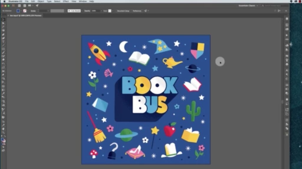 A square-shaped graphic with “Book Bus” written on it is filled with little drawings including a rocket, the moon, books, an apple, and more. The graphic sits inside Adobe Illustrator.