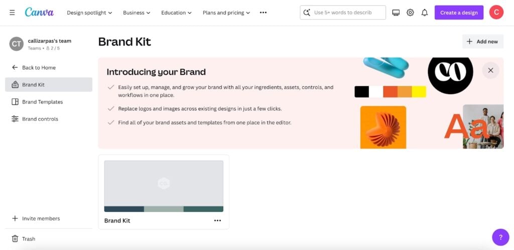 This is Canva’s brand kit tab. An explanation of the brand kit, an “Add new” button, and a brand kit are visible on the screen.