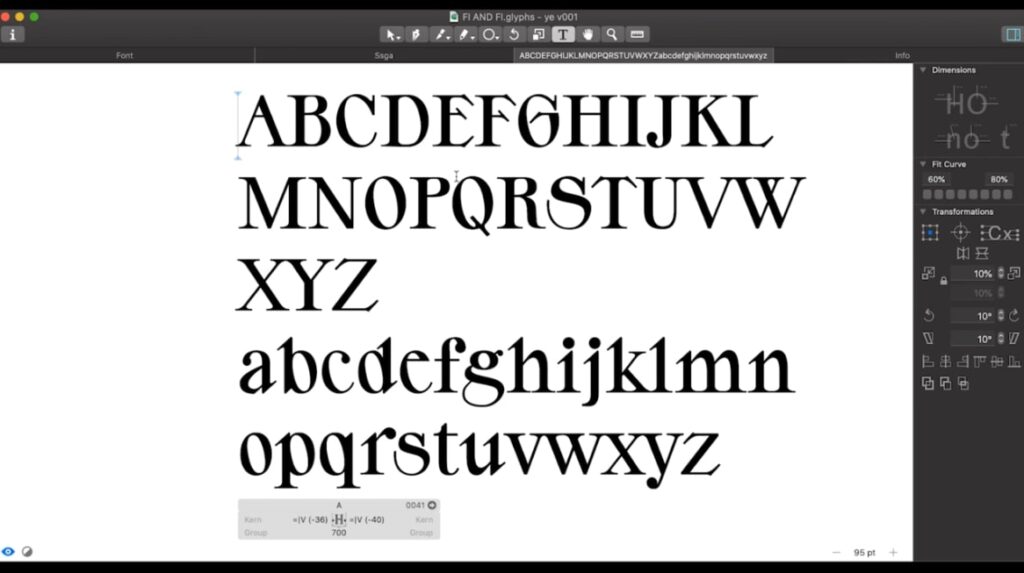The user interface of a software called Glyphs Mini. It displays a white background that’s been filled with two sets of the alphabet from A to Z, with one being uppercase and one being lowercase. 