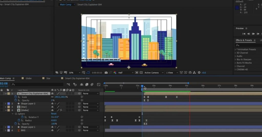 City skyline and roadway motion graphic project within After Effects
