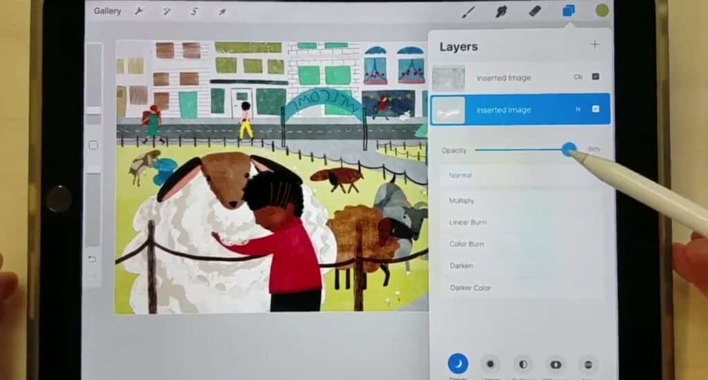 Digital illustration of a child hugging a sheep at a city petting zoo, with other animals and people in the background. On the right of the screen, a stylus adjusts the opacity of sheep’s wool using a slider.