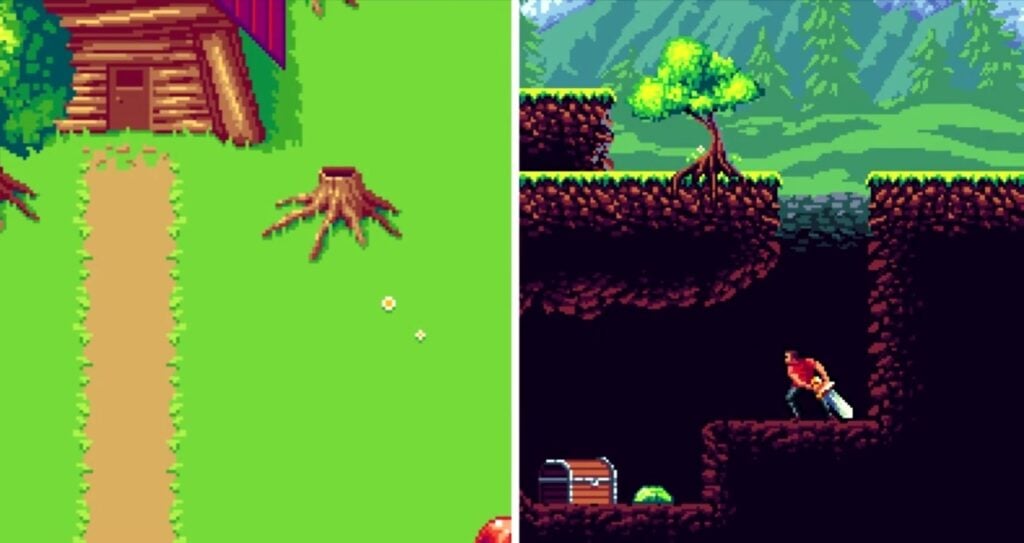 Split screen with the left side showing a pixelated green lawn and dirt path up to a log home, and the right side showing a video game scene of a character underground, sword in hand and ready to capture treasure.  
