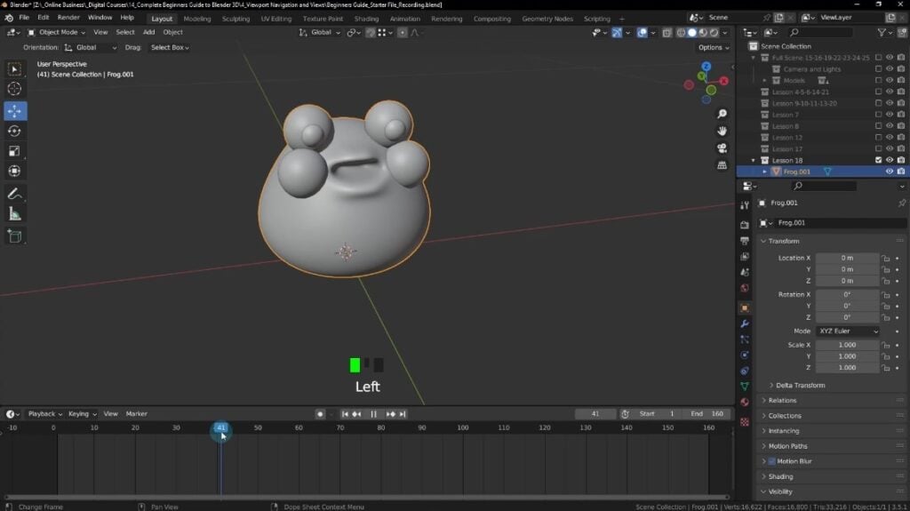Blender software open on a computer. In the middle of the viewport is a 3D model of an adorably round cartoon frog. 