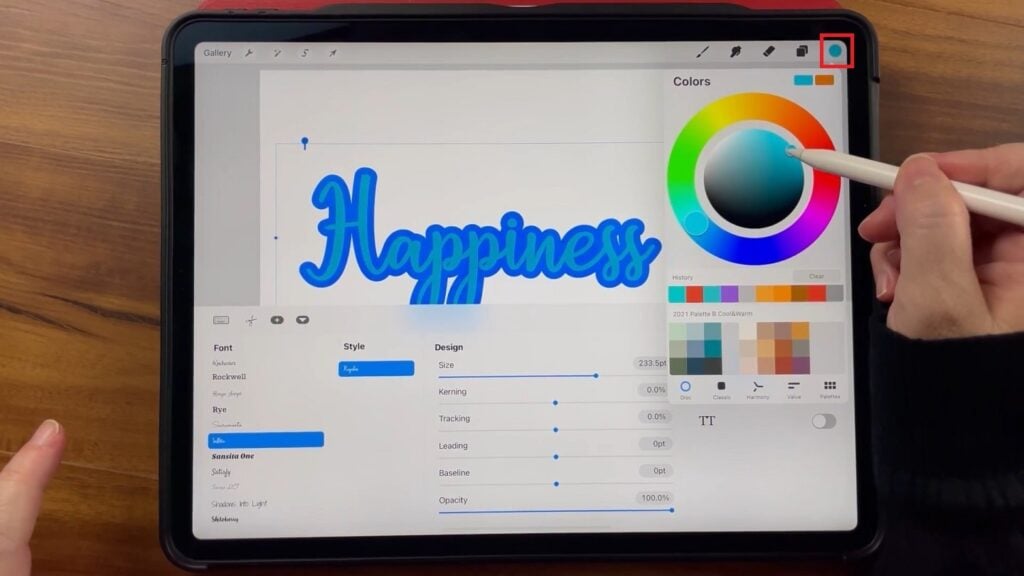 Nichols has the Procreate app open on the iPad, demonstrating how to access and use the Color Disk.
