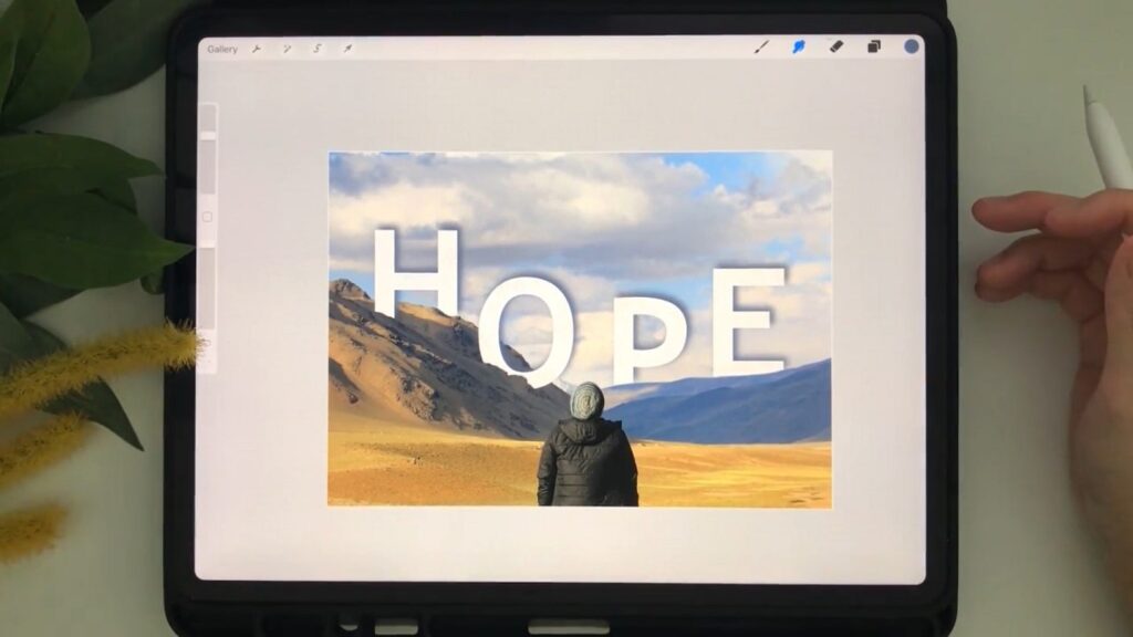 Skillshare instructor Voni Lim has the Procreate app open on the iPad and shows an example of how to mask text within a photo.