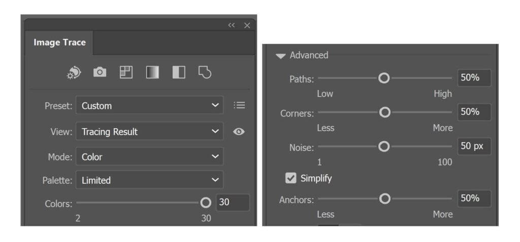 A detailed view of the Image Trace panel in Adobe Illustrator, including settings like Mode, Palette and Colors and advanced settings like Paths, Corners and Noise.