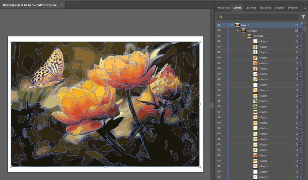The flower image is open in Adobe Illustrator; blue lines are overlaid on top, showing the different path borders. The Layers panel is open on the right side of the screen, showing a list of paths that make up the vector image.