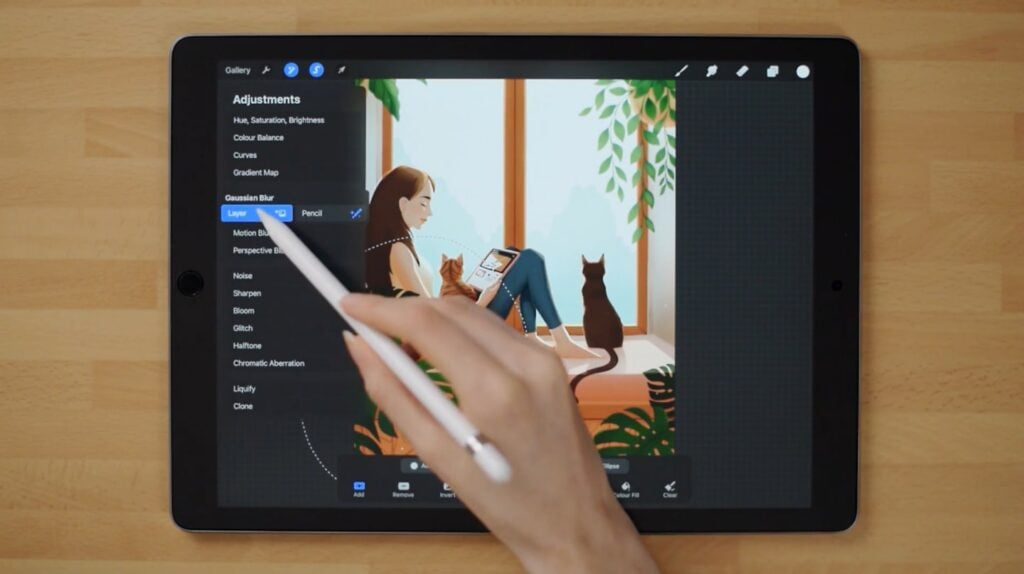 In the Skillshare class “Procreate Fundamentals: Everything You Didn't Realize You Wanted to Know,” teacher Peggy Dean uses the Gaussian Blur tool to blur the background of an image in Procreate.