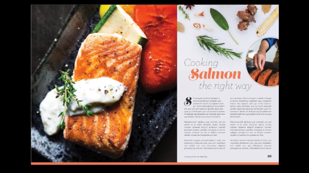 A magazine article titled ‘Cooking Salmon the right way.’ On the left side of the page is a photo of cooked salmon garnished with sauce and herbs. On the right side is the text of the article arranged in two vertical columns.