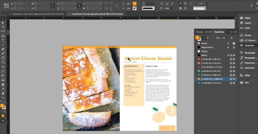 The computer program Adobe InDesign displaying a page from a cookbook titled ‘Apricot Cheese Danish.’ On the left side of the page is an up-close photograph of a Danish pastry. On the right side is a recipe decorated by illustrations of apricots. 