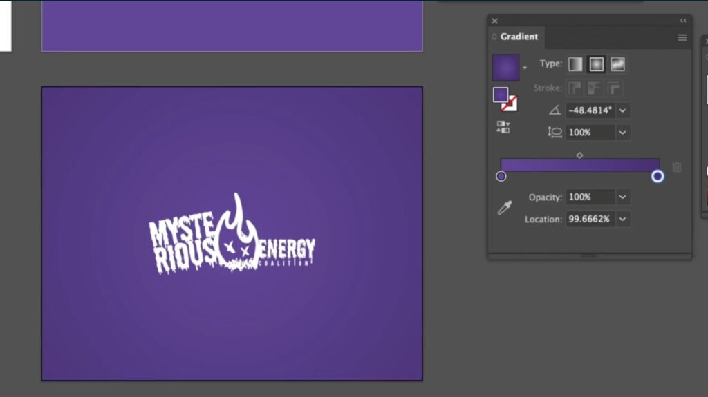 A purple rectangle with the words “Mysterious Energy Coalition” are visible in Adobe Illustrator. The text is separated by a hand-drawn flame and the words are written in white an an edgy, drippy font. To the right is a pop-up menu where the purple rectangle’s gradient can be adjusted. 
