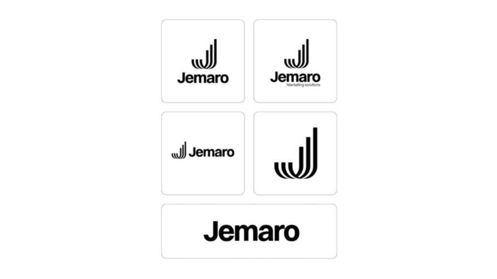 Five different black and white logo variations for a brand called Jemaro sit together. Some include just the Jemaro name others include a stripey “J.” 