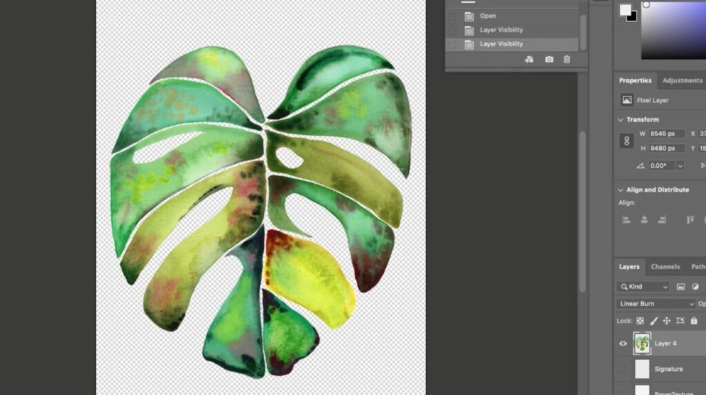 A brown and green watercolor leaf sits on an empty background in Photoshop, indicated by its black and white checkered backdrop.