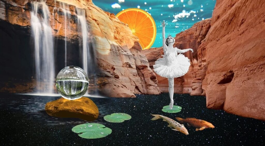 This digital collage contains a variety of elements including a sky made from an underwater photo, an orange slice representing the sun, tall red cliffs, and a body of water containing koi fish, lily pads, a ballerina, and a water droplet. 