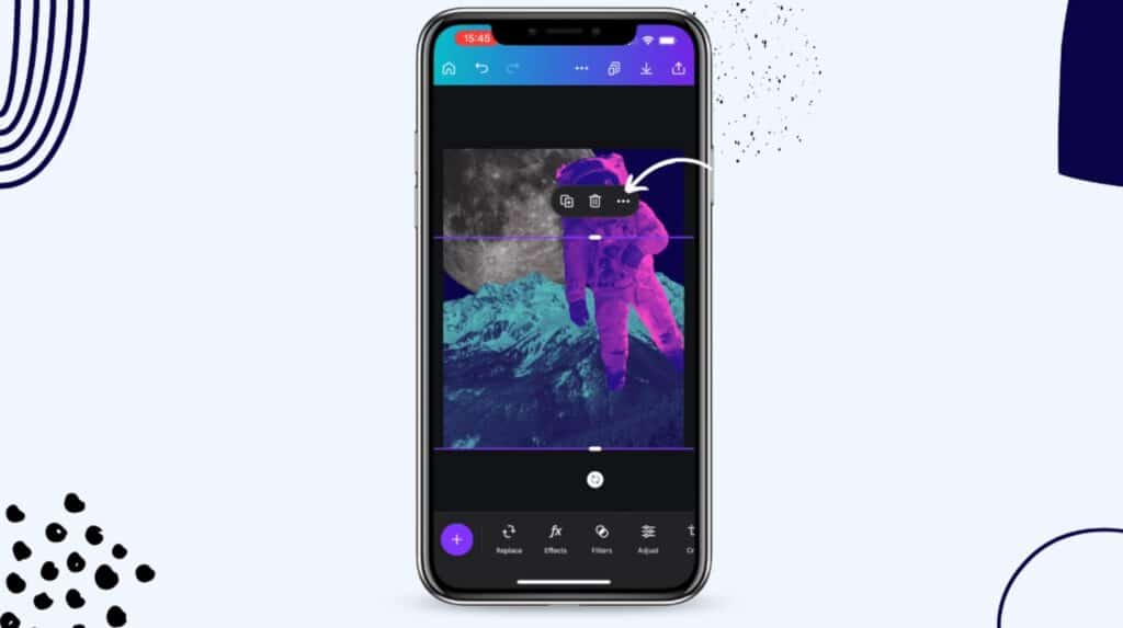 A smartphone with the Canva app open on its screen. It displays an image of an astronaut floating in front of a moon and a mountainous landscape. The mountainous landscape is selected, and a floating toolbar is visible. A white arrow points to the toolbar.