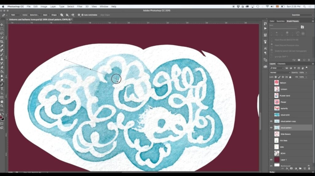 An abstract blue watercolor cloud sits on a white oval, which sits on a maroon background within Photoshop. The Photoshop user created two anchor points, one on each side of one of the cloud’s curves. A straight line and a pen-shaped cursor can be seen going through one of the anchor points, which controls the curve of the line between the two anchor points.