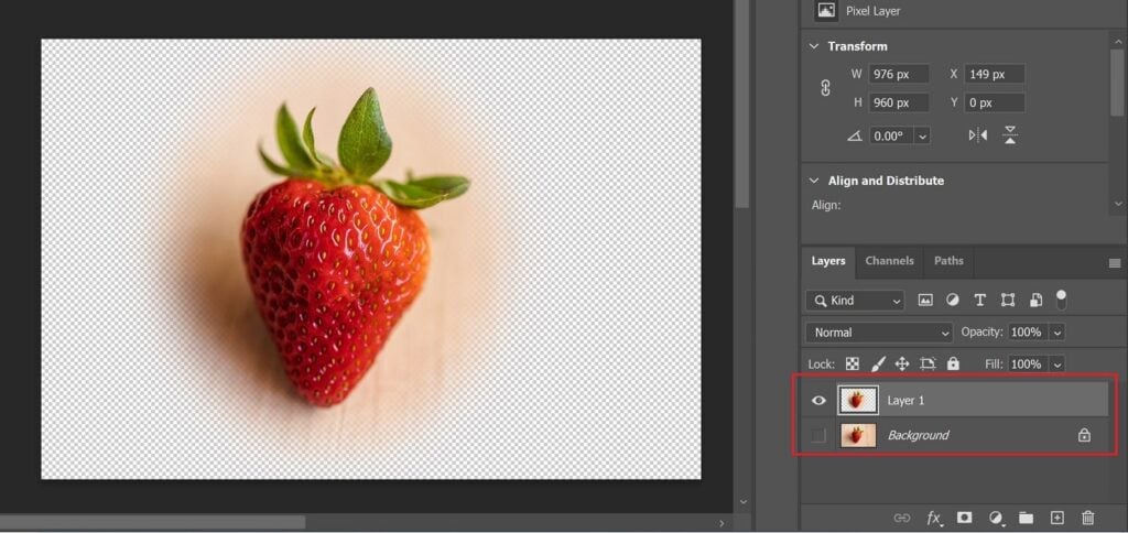 The Layers panel is open to the right of the feathered strawberry image, showing that the image exists in a new layer and the original layer is hidden.