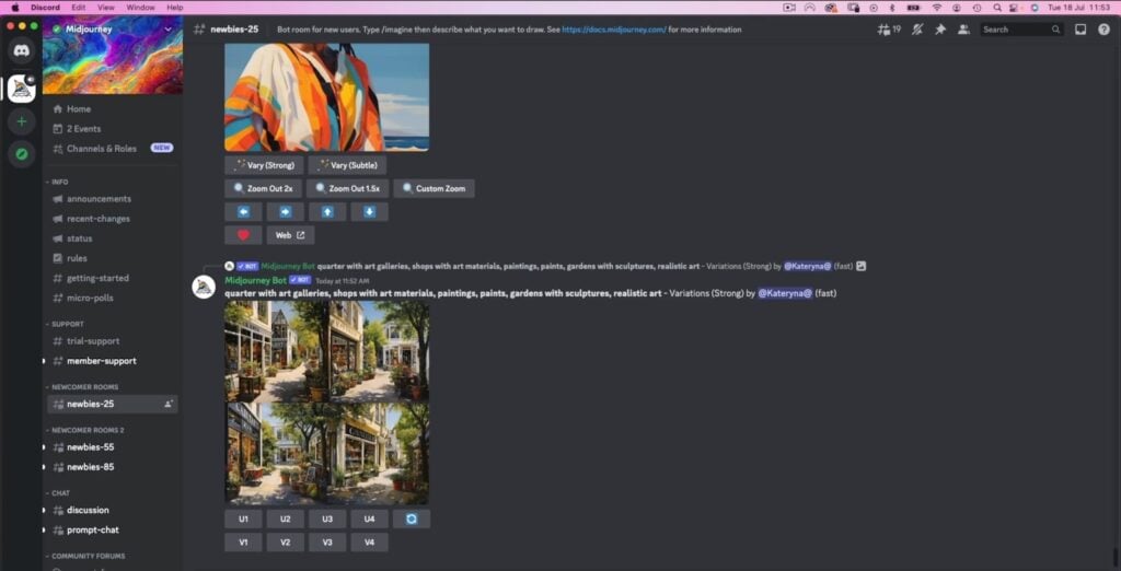 The AI art generator Midjourney is open within Discord. Four different city scenes are visible with a text description that includes descriptors like “art galleries,” “shops with art materials,” and “gardens with sculptures.”