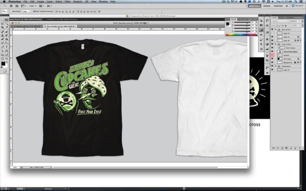 A t-shirt mockup is open in Adobe Photoshop, featuring a green “Johnny Cupcakes” design on a black t-shirt. 