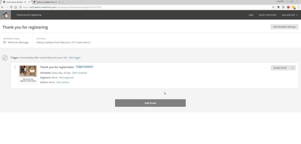 A screenshot of Mailchimp’s automation workflow to show the creation of an automated thank you email when someone subscribes.