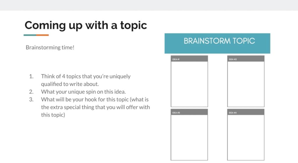 Graphic describing how to choose a newsletter topic in three steps. Step 1 is to think of four topics you’re qualified to write about. Step 2 is to think of your own spin. Step 3 is to think of your own special thing to offer with the topic, called a hook.
