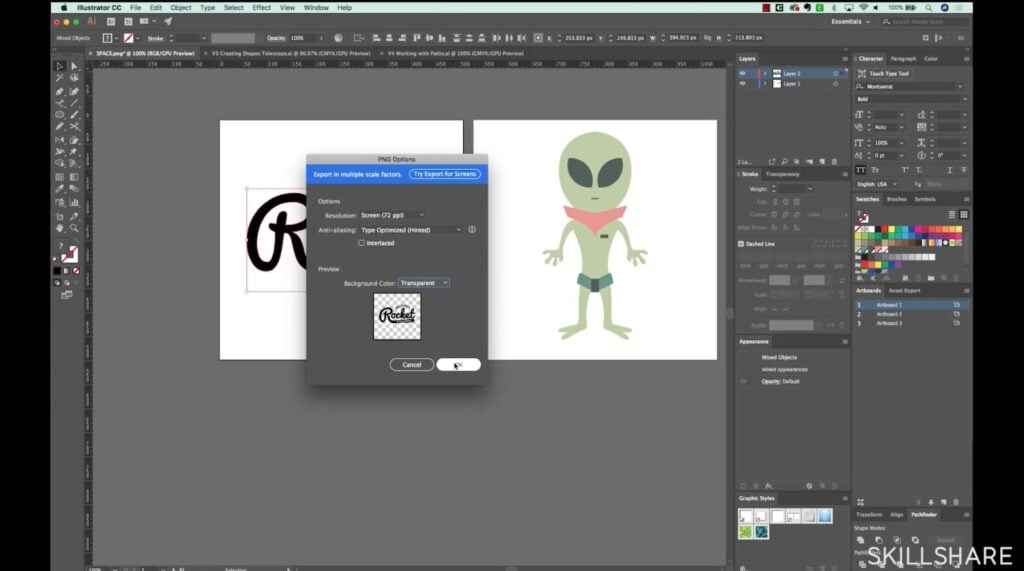 Adobe Illustrator is open to two art boards. One contains an image of an alien and the other has an “R” on it. A “PNG Options” menu is open where the user can adjust the resolution, anti-aliasing, and the background color, which is marked as “Transparent.” 