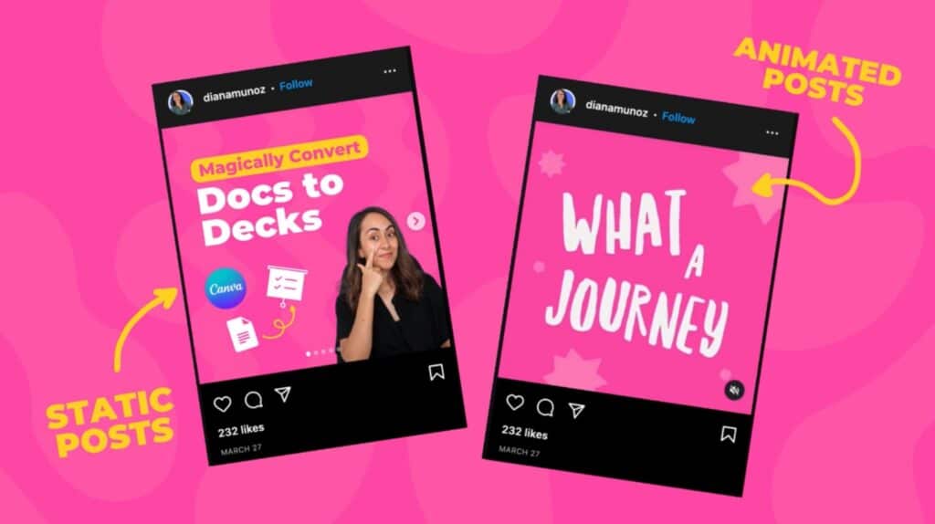 Two Instagram posts on a bright pink background. The one on the left is labeled ‘static posts’ and shows a photo of a woman next to text and graphics. The one on the right is labeled ‘animated posts’ and shows text and graphics on a pink background.