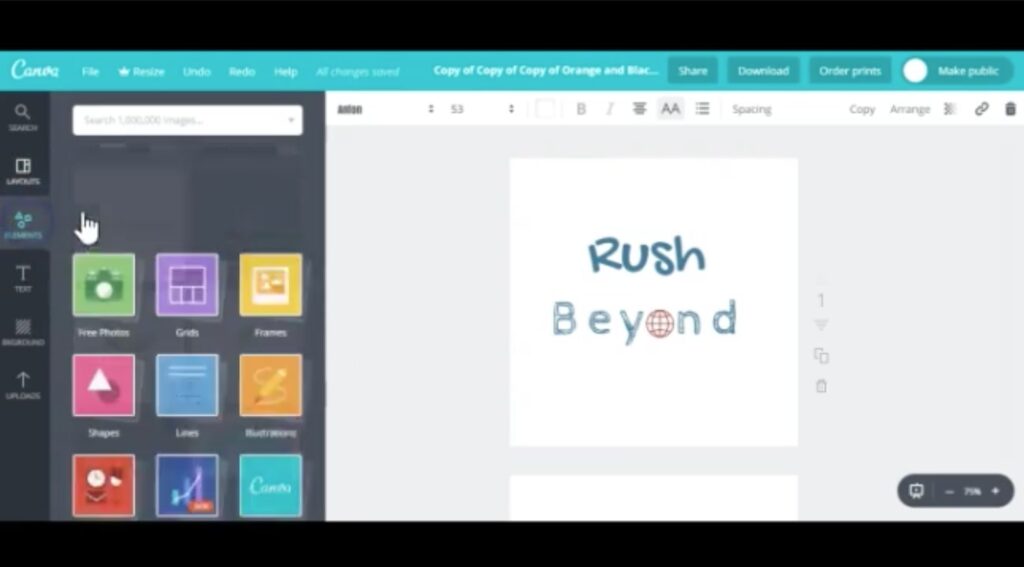 A logo with the words “Rush Beyond” sits on a blank canvas in Canva. The “o” in beyond is a red globe.
