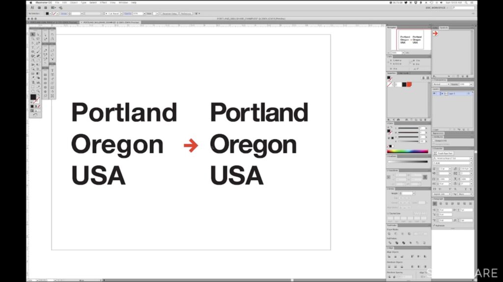 The words ‘Portland Oregon USA’ repeated twice on a computer screen, once on the left and once on the right. In the text on the left, some of the letters are so close they appear connected, while others are too far apart. In the text on the right, all the letters are close to each other but are evenly spaced and never appear to be connected. 