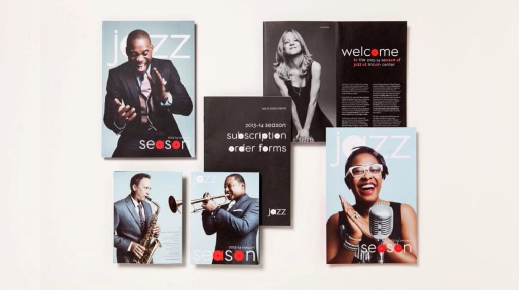 Six posters on an off-white background. Most of the posters feature people playing musical instruments, and all advertise an upcoming jazz season at a performing arts center.