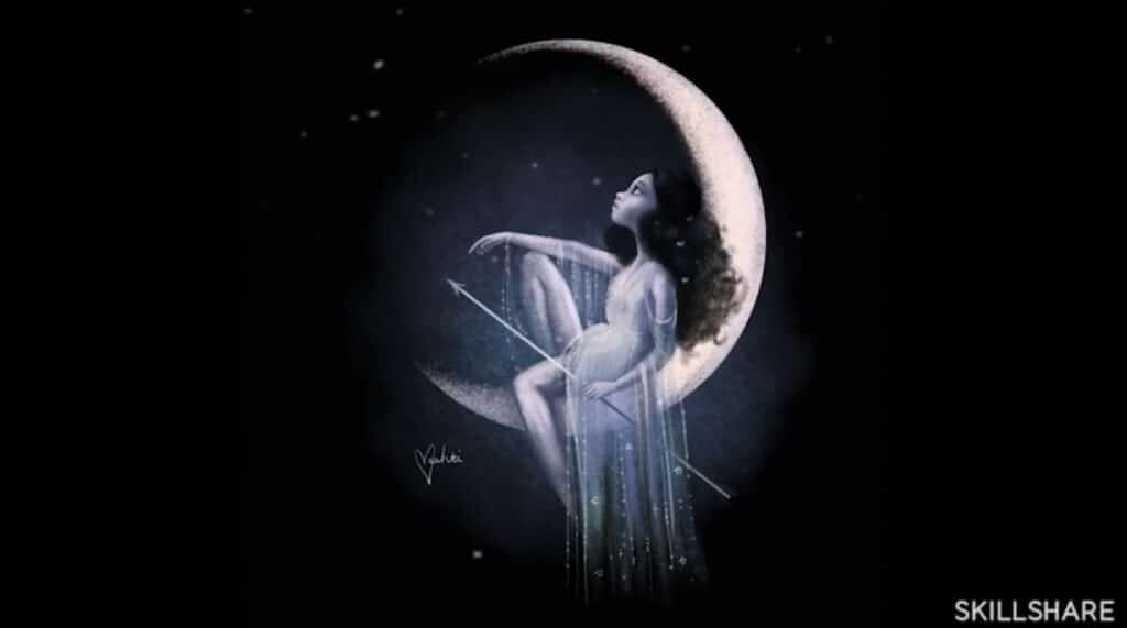 A blue- and white-toned illustration of a long-haired woman sitting on a crescent moon and wearing a long, flowing silvery dress. She’s gazing up toward the stars and holding a long arrow in her left hand.