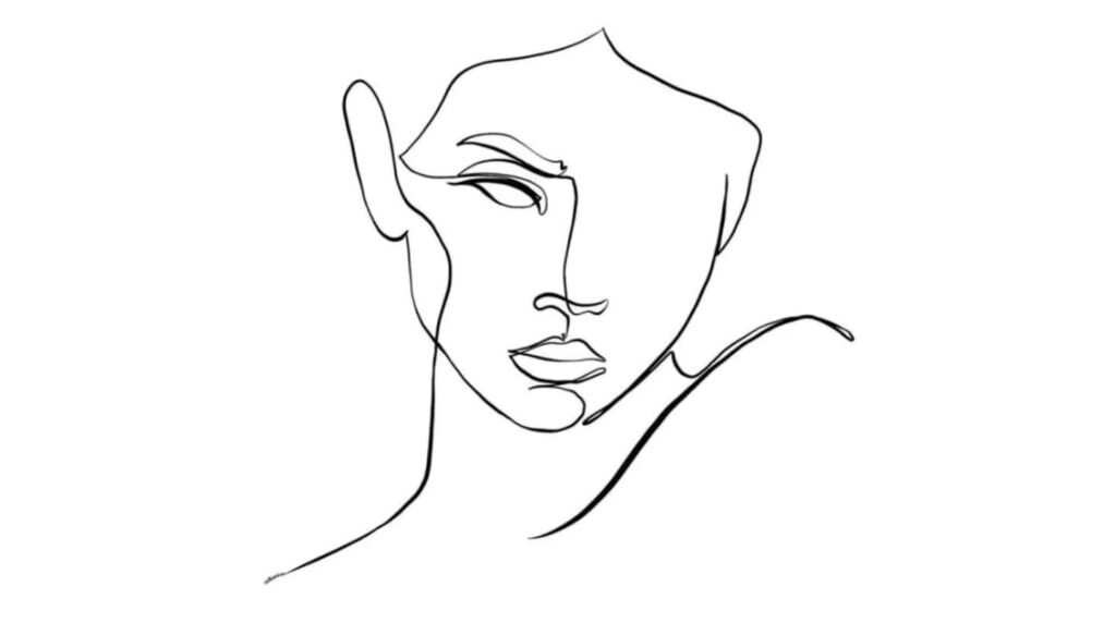 A drawing that consists of a black line on a white background. The line is drawn to represent a female face with only one eye visible. 