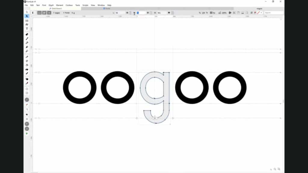 The software program FontLab open on a computer screen. The letters ‘o o g o o’ are displayed within it, and the letter ‘g’ is a lighter color than the rest.